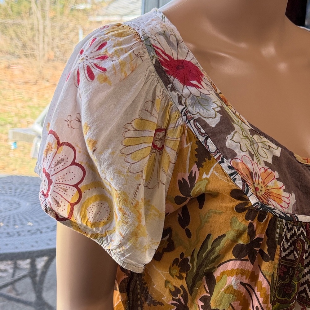 Bohemian Floral Patchwork Short Sleeve Top, 100% Cotton, Fairy Babydoll